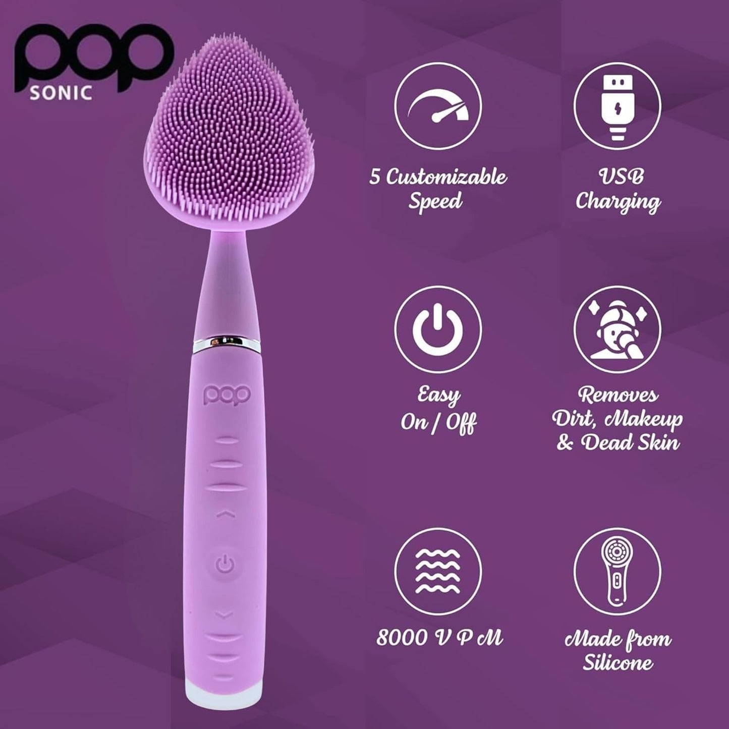 Pop Sonic Clover Facial Cleansing Device (Lavender) | 5-Speed Silicone Vibrating Face Brush for Deep, Gentle Cleansing