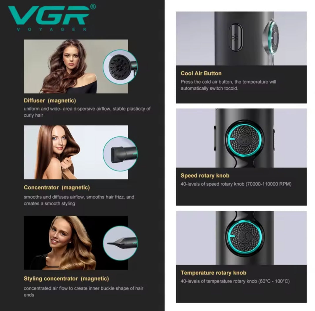 VGR Leafless Hair Dryer Professional Blow Dryer Brushless Motor 110000 RPM Suitable For Home Salons Powerful Hair Dryer V-401