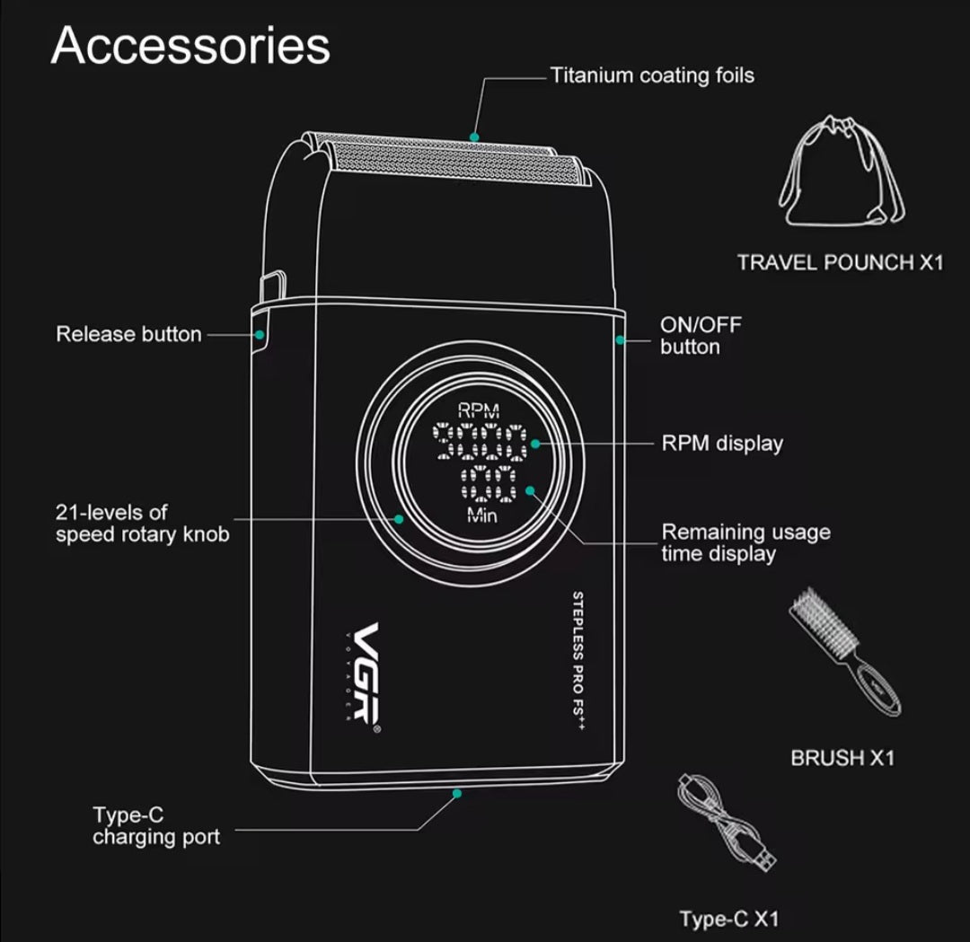 VGR Shaver Professional Beard Trimmer 9000RPM Electric Razor 21-levels Ofspeed Rotary Knob Metal Shaving Machine for Men V-377