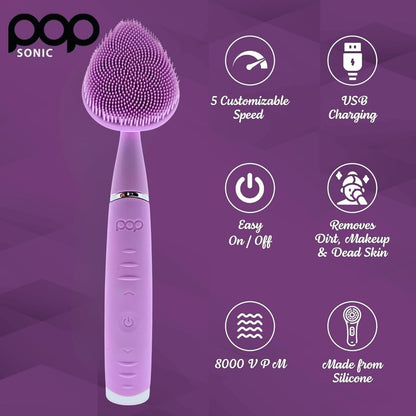 Pop Sonic Clover Facial Cleansing Device (Lavender) | 5-Speed Silicone Vibrating Face Brush for Deep, Gentle Cleansing