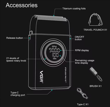 VGR Shaver Professional Beard Trimmer 9000RPM Electric Razor 21-levels Ofspeed Rotary Knob Metal Shaving Machine for Men V-377