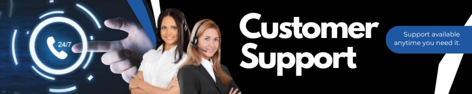 Two women in customer service roles with 'Customer Support' text and 24/7 availability icon.