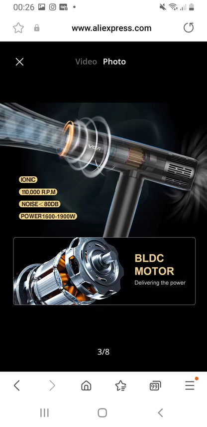 VGR Leafless Hair Dryer Professional Blow Dryer Brushless Motor 110000 RPM Suitable For Home Salons Powerful Hair Dryer V-401